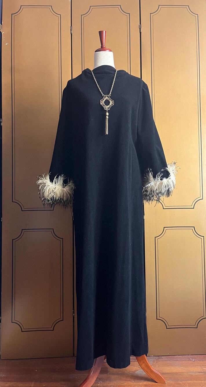 Rare maxi dress in black with ostrich feather sleeves, size 14